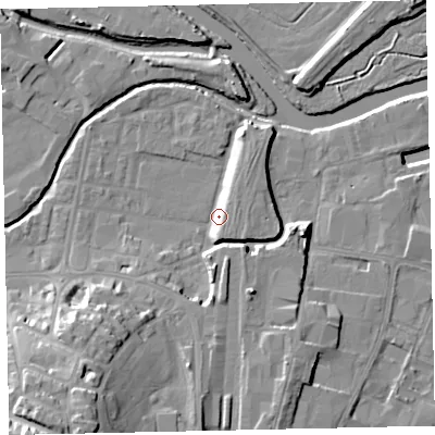 Shaded relief map of the ground around TQ124AA, computed from Environment Agency LiDAR. The ground here sits at about 5 m above sea level and falls 24 m across the surrounding 800 m. Surface water reaching this point runs off ground lying to the south-south-west, 19.0 m higher.