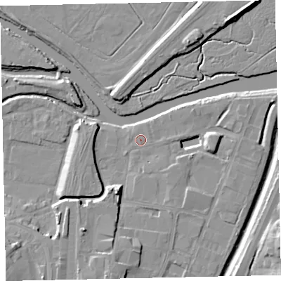 Shaded relief map of the ground around TQ124AD, computed from Environment Agency LiDAR. The ground here sits at about 4 m above sea level and falls 13 m across the surrounding 800 m. Surface water reaching this point runs off ground lying to the east, 8.4 m higher.