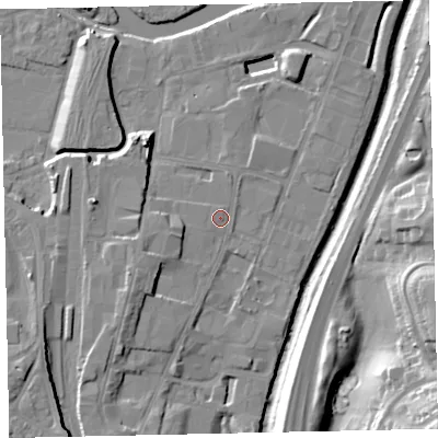 Shaded relief map of the ground around TQ124AE, computed from Environment Agency LiDAR. The ground here sits at about 5 m above sea level and falls 27 m across the surrounding 800 m. Surface water reaching this point runs off ground lying to the south-west, 5.0 m higher.