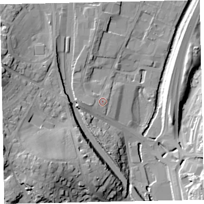 Shaded relief map of the ground around TQ124AG, computed from Environment Agency LiDAR. The ground here sits at about 8 m above sea level and falls 29 m across the surrounding 800 m. Surface water reaching this point runs off ground lying to the west, 5.4 m higher.