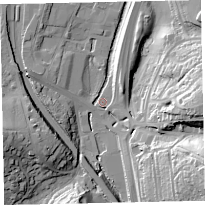 Shaded relief map of the ground around TQ124AQ, computed from Environment Agency LiDAR. The ground here sits at about 3 m above sea level and falls 44 m across the surrounding 800 m. Surface water reaching this point runs off ground lying to the east-south-east, 43.6 m higher.