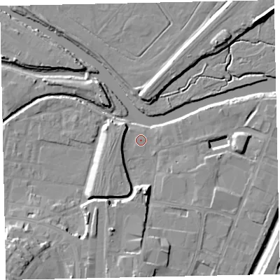 Shaded relief map of the ground around TQ124AW, computed from Environment Agency LiDAR. The ground here sits at about 3 m above sea level and falls 17 m across the surrounding 800 m. Surface water reaching this point runs off ground lying to the south, 10.5 m higher.