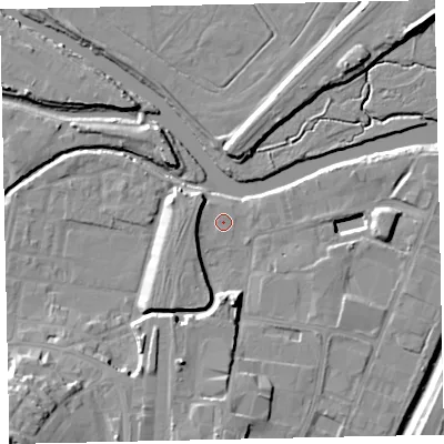 Shaded relief map of the ground around TQ124DZ, computed from Environment Agency LiDAR. The ground here sits at about 3 m above sea level and falls 17 m across the surrounding 800 m. Surface water reaching this point runs off ground lying to the south, 10.5 m higher.