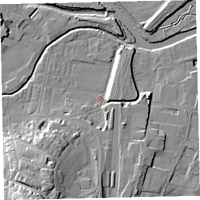 Shaded relief map of the ground around TQ124EX, computed from Environment Agency LiDAR. The ground here sits at about 3 m above sea level and falls 28 m across the surrounding 800 m. Surface water reaching this point runs off ground lying to the south-south-west, 19.1 m higher.