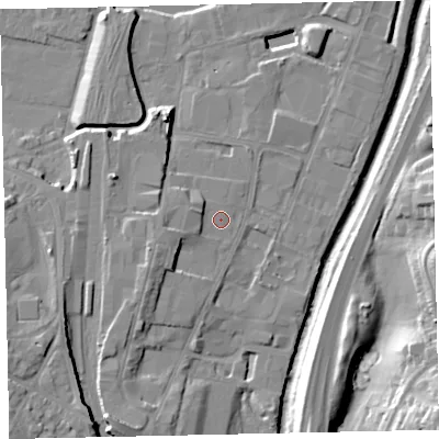 Shaded relief map of the ground around TQ124FD, computed from Environment Agency LiDAR. The ground here sits at about 5 m above sea level and falls 24 m across the surrounding 800 m. Surface water reaching this point runs off ground lying to the west-south-west, 3.9 m higher.