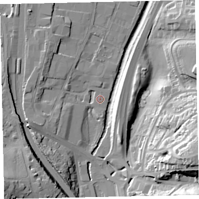Shaded relief map of the ground around TQ124FS, computed from Environment Agency LiDAR. The ground here sits at about 4 m above sea level and falls 40 m across the surrounding 800 m. Surface water reaching this point runs off ground lying to the west-south-west, 11.0 m higher.