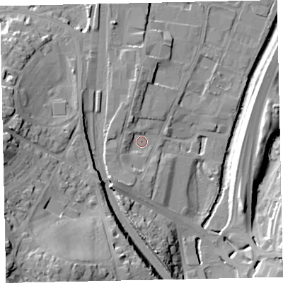 Shaded relief map of the ground around TQ124FT, computed from Environment Agency LiDAR. The ground here sits at about 6 m above sea level and falls 29 m across the surrounding 800 m. Surface water reaching this point runs off ground lying to the south-west, 7.4 m higher.