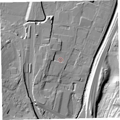 Shaded relief map of the ground around TQ124PB, computed from Environment Agency LiDAR. The ground here sits at about 6 m above sea level and falls 23 m across the surrounding 800 m. Surface water reaching this point runs off ground lying to the west, 4.0 m higher.