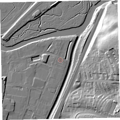 Shaded relief map of the ground around TQ124PH, computed from Environment Agency LiDAR. The ground here sits at about 5 m above sea level and falls 50 m across the surrounding 800 m. Surface water reaching this point runs off ground lying to the north-north-west, 0.6 m higher.