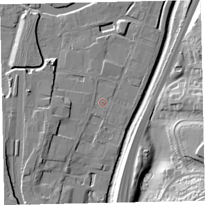 Shaded relief map of the ground around TQ124PJ, computed from Environment Agency LiDAR. The ground here sits at about 4 m above sea level and falls 34 m across the surrounding 800 m. Surface water reaching this point runs off ground lying to the west-south-west, 5.4 m higher.
