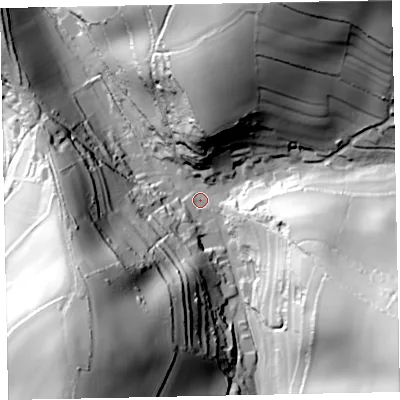 Shaded relief map of the ground around TQ124QA, computed from Environment Agency LiDAR. The ground here sits at about 33 m above sea level and falls 93 m across the surrounding 800 m. Surface water reaching this point runs off ground lying to the south-south-west, 84.1 m higher.
