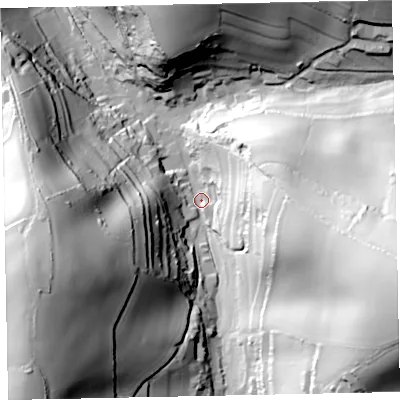 Shaded relief map of the ground around TQ124QB, computed from Environment Agency LiDAR. The ground here sits at about 37 m above sea level and falls 96 m across the surrounding 800 m. Surface water reaching this point runs off ground lying to the east-south-east, 87.8 m higher.