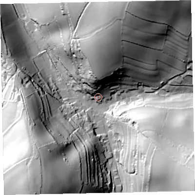 Shaded relief map of the ground around TQ124QD, computed from Environment Agency LiDAR. The ground here sits at about 38 m above sea level and falls 100 m across the surrounding 800 m. Surface water reaching this point runs off ground lying to the north, 29.9 m higher.