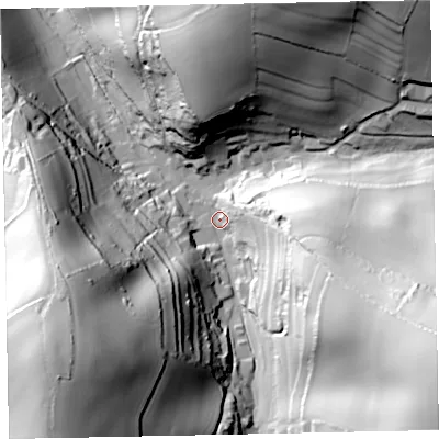 Shaded relief map of the ground around TQ124QE, computed from Environment Agency LiDAR. The ground here sits at about 36 m above sea level and falls 95 m across the surrounding 800 m. Surface water reaching this point runs off ground lying to the south-east, 86.2 m higher.