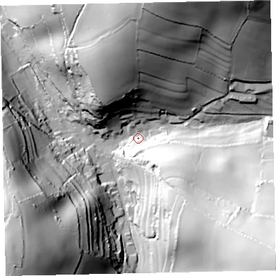 Shaded relief map of the ground around TQ124QF, computed from Environment Agency LiDAR. The ground here sits at about 38 m above sea level and falls 106 m across the surrounding 800 m. Surface water reaching this point runs off ground lying to the south-east, 93.1 m higher.