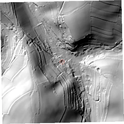 Shaded relief map of the ground around TQ124QG, computed from Environment Agency LiDAR. The ground here sits at about 36 m above sea level and falls 93 m across the surrounding 800 m. Surface water reaching this point runs off ground lying to the south-west, 71.5 m higher.