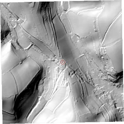 Shaded relief map of the ground around TQ124QH, computed from Environment Agency LiDAR. The ground here sits at about 60 m above sea level and falls 85 m across the surrounding 800 m. Surface water reaching this point runs off ground lying to the south-south-east, 5.7 m higher.