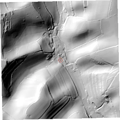 Shaded relief map of the ground around TQ124QL, computed from Environment Agency LiDAR. The ground here sits at about 70 m above sea level and falls 92 m across the surrounding 800 m. Surface water reaching this point runs off ground lying to the west, 83.1 m higher.
