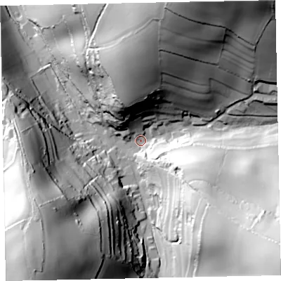 Shaded relief map of the ground around TQ124QQ, computed from Environment Agency LiDAR. The ground here sits at about 35 m above sea level and falls 98 m across the surrounding 800 m. Surface water reaching this point runs off ground lying to the south-east, 87.3 m higher.