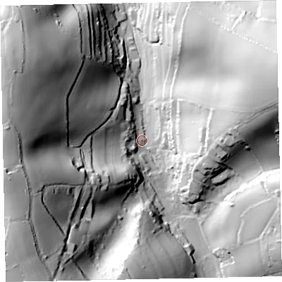 Shaded relief map of the ground around TQ124QS, computed from Environment Agency LiDAR. The ground here sits at about 47 m above sea level and falls 94 m across the surrounding 800 m. Surface water reaching this point runs off ground lying to the south-west, 85.0 m higher.