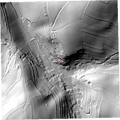 Shaded relief map of the ground around TQ124QX, computed from Environment Agency LiDAR. The ground here sits at about 46 m above sea level and falls 108 m across the surrounding 800 m. Surface water reaching this point runs off ground lying to the north-east, 32.4 m higher.
