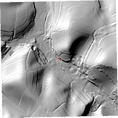 Shaded relief map of the ground around TQ124RA, computed from Environment Agency LiDAR. The ground here sits at about 12 m above sea level and falls 84 m across the surrounding 800 m. Surface water reaching this point runs off ground lying to the east, 78.9 m higher.