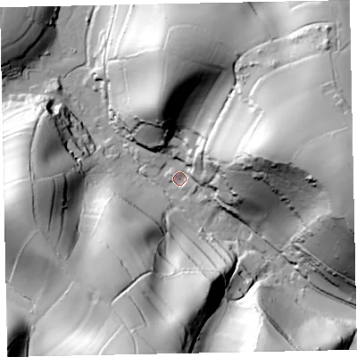 Shaded relief map of the ground around TQ124RD, computed from Environment Agency LiDAR. The ground here sits at about 13 m above sea level and falls 90 m across the surrounding 800 m. Surface water reaching this point runs off ground lying to the east-north-east, 73.7 m higher.