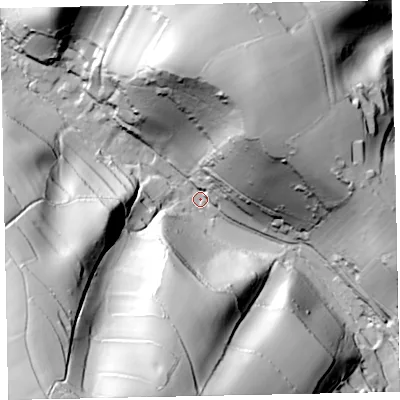 Shaded relief map of the ground around TQ124RE, computed from Environment Agency LiDAR. The ground here sits at about 19 m above sea level and falls 102 m across the surrounding 800 m. Surface water reaching this point runs off ground lying to the south-south-west, 85.5 m higher.