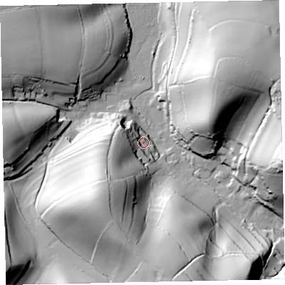 Shaded relief map of the ground around TQ124RF, computed from Environment Agency LiDAR. The ground here sits at about 12 m above sea level and falls 68 m across the surrounding 800 m. Surface water reaching this point runs off ground lying to the south-west, 51.8 m higher.