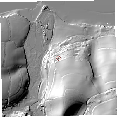 Shaded relief map of the ground around TQ124RR, computed from Environment Agency LiDAR. The ground here sits at about 26 m above sea level and falls 81 m across the surrounding 800 m. Surface water reaching this point runs off ground lying to the south-south-east, 30.8 m higher.