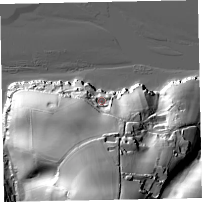 Shaded relief map of the ground around TQ124RS, computed from Environment Agency LiDAR. The ground here sits at about 16 m above sea level and falls 80 m across the surrounding 800 m. Surface water reaching this point runs off ground lying to the south, 62.4 m higher.