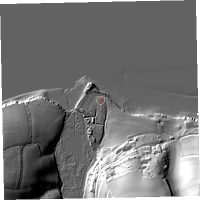 Shaded relief map of the ground around TQ124RT, computed from Environment Agency LiDAR. The ground here sits at about 2 m above sea level and falls 54 m across the surrounding 800 m. Surface water reaching this point runs off ground lying to the south-south-east, 46.3 m higher.