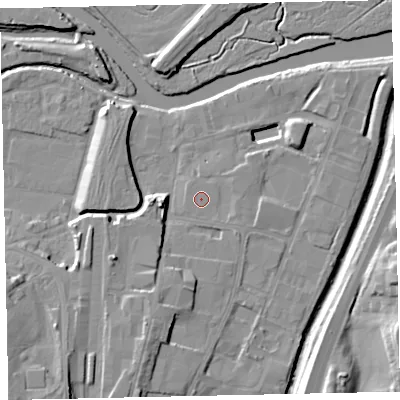 Shaded relief map of the ground around TQ124UH, computed from Environment Agency LiDAR. The ground here sits at about 4 m above sea level and falls 15 m across the surrounding 800 m. Surface water reaching this point runs off ground lying to the east-south-east, 1.0 m higher.