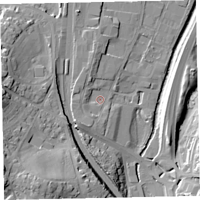 Shaded relief map of the ground around TQ124YQ, computed from Environment Agency LiDAR. The ground here sits at about 6 m above sea level and falls 29 m across the surrounding 800 m. Surface water reaching this point runs off ground lying to the south-west, 7.2 m higher.