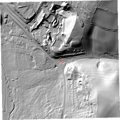 Shaded relief map of the ground around TQ125AL, computed from Environment Agency LiDAR. The ground here sits at about 27 m above sea level and falls 96 m across the surrounding 800 m. Surface water reaching this point runs off ground lying to the north-east, 79.7 m higher.