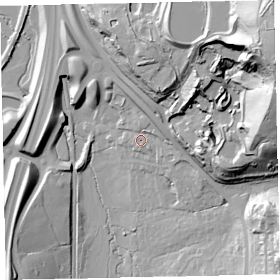 Shaded relief map of the ground around TQ125AN, computed from Environment Agency LiDAR. The ground here sits at about 20 m above sea level and falls 89 m across the surrounding 800 m. Surface water reaching this point runs off ground lying to the north-east, 76.3 m higher.