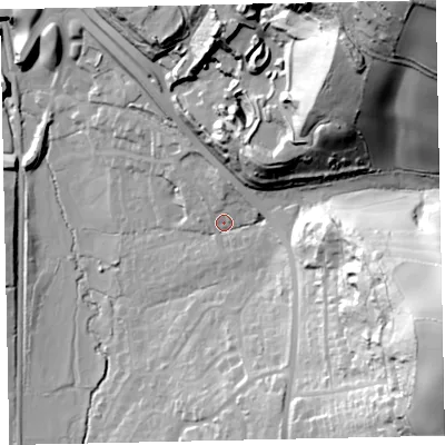 Shaded relief map of the ground around TQ125AR, computed from Environment Agency LiDAR. The ground here sits at about 21 m above sea level and falls 90 m across the surrounding 800 m. Surface water reaching this point runs off ground lying to the north-east, 78.7 m higher.