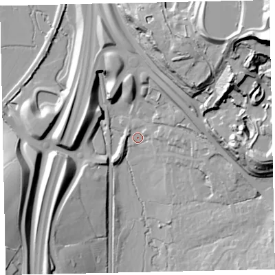 Shaded relief map of the ground around TQ125AU, computed from Environment Agency LiDAR. The ground here sits at about 11 m above sea level and falls 70 m across the surrounding 800 m. Surface water reaching this point runs off ground lying to the south-west, 34.4 m higher.