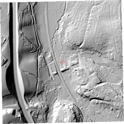 Shaded relief map of the ground around TQ125AX, computed from Environment Agency LiDAR. The ground here sits at about 18 m above sea level and falls 63 m across the surrounding 800 m. Surface water reaching this point runs off ground lying to the east-south-east, 6.6 m higher.