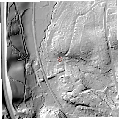 Shaded relief map of the ground around TQ125BJ, computed from Environment Agency LiDAR. The ground here sits at about 18 m above sea level and falls 45 m across the surrounding 800 m. Surface water reaching this point runs off ground lying to the east-north-east, 29.8 m higher.