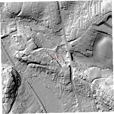 Shaded relief map of the ground around TQ125DE, computed from Environment Agency LiDAR. The ground here sits at about 30 m above sea level and falls 62 m across the surrounding 800 m. Surface water reaching this point runs off ground lying to the south-east, 27.6 m higher.