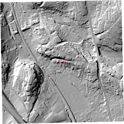 Shaded relief map of the ground around TQ125DQ, computed from Environment Agency LiDAR. The ground here sits at about 30 m above sea level and falls 39 m across the surrounding 800 m. Surface water reaching this point runs off ground lying to the north-east, 12.4 m higher.