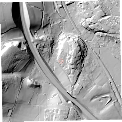 Shaded relief map of the ground around TQ125DT, computed from Environment Agency LiDAR. The ground here sits at about 30 m above sea level and falls 62 m across the surrounding 800 m. Surface water reaching this point runs off ground lying to the east, 15.5 m higher.