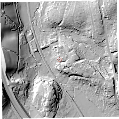 Shaded relief map of the ground around TQ125DW, computed from Environment Agency LiDAR. The ground here sits at about 27 m above sea level and falls 44 m across the surrounding 800 m. Surface water reaching this point runs off ground lying to the east-south-east, 13.3 m higher.