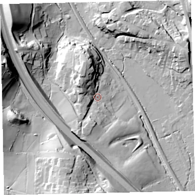 Shaded relief map of the ground around TQ125EA, computed from Environment Agency LiDAR. The ground here sits at about 28 m above sea level and falls 44 m across the surrounding 800 m. Surface water reaching this point runs off ground lying to the north-west, 14.7 m higher.