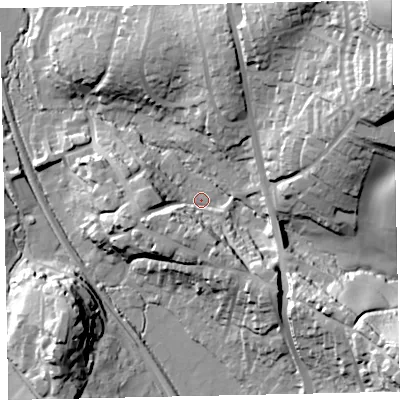 Shaded relief map of the ground around TQ125EB, computed from Environment Agency LiDAR. The ground here sits at about 23 m above sea level and falls 56 m across the surrounding 800 m. Surface water reaching this point runs off ground lying to the south-south-west, 17.0 m higher.