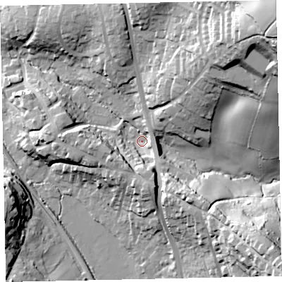 Shaded relief map of the ground around TQ125EE, computed from Environment Agency LiDAR. The ground here sits at about 23 m above sea level and falls 71 m across the surrounding 800 m. Surface water reaching this point runs off ground lying to the south-east, 27.6 m higher.