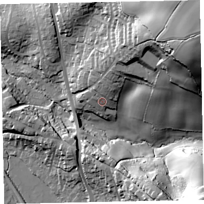 Shaded relief map of the ground around TQ125ES, computed from Environment Agency LiDAR. The ground here sits at about 37 m above sea level and falls 92 m across the surrounding 800 m. Surface water reaching this point runs off ground lying to the north-north-east, 20.5 m higher.