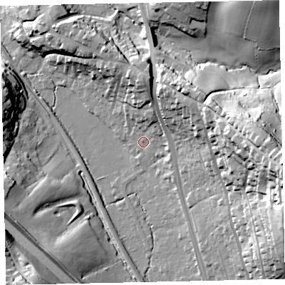 Shaded relief map of the ground around TQ125EY, computed from Environment Agency LiDAR. The ground here sits at about 25 m above sea level and falls 57 m across the surrounding 800 m. Surface water reaching this point runs off ground lying to the north-north-east, 10.8 m higher.