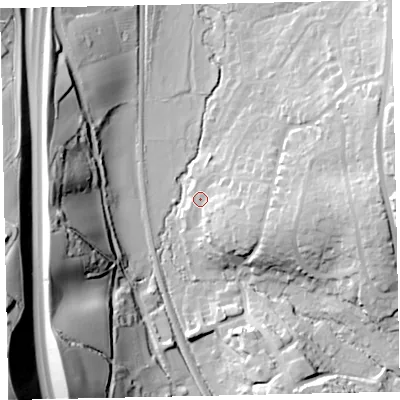 Shaded relief map of the ground around TQ125FE, computed from Environment Agency LiDAR. The ground here sits at about 19 m above sea level and falls 64 m across the surrounding 800 m. Surface water reaching this point runs off ground lying to the east-south-east, 8.2 m higher.